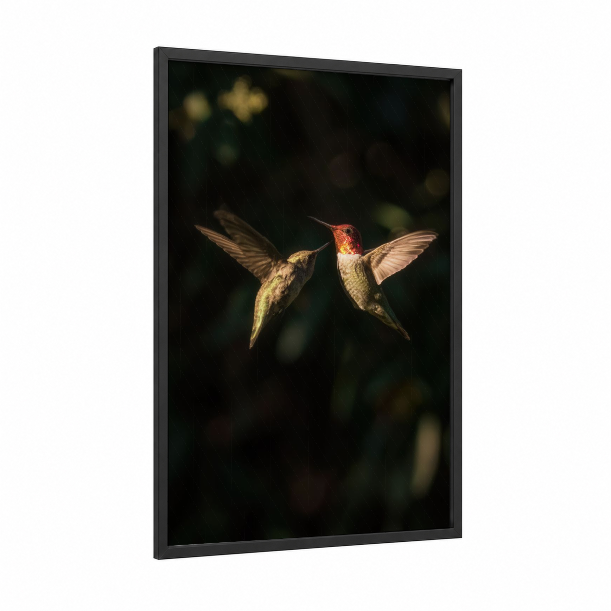 Crimson Hummingbird Pair framed art print — black wood frame — gold and red palette
