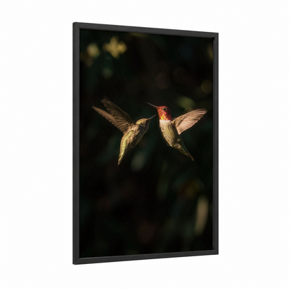 Crimson Hummingbird Pair framed art print — black wood frame — gold and red palette