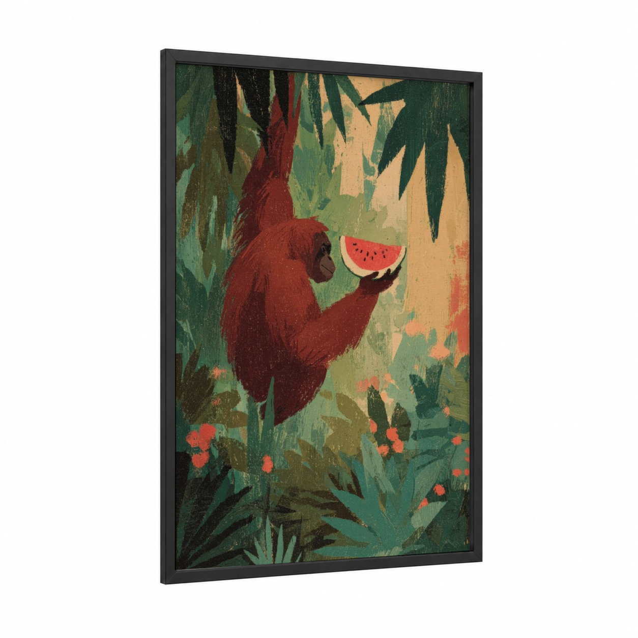 Crimson Orangutan framed art print — black wood frame — red and green palette