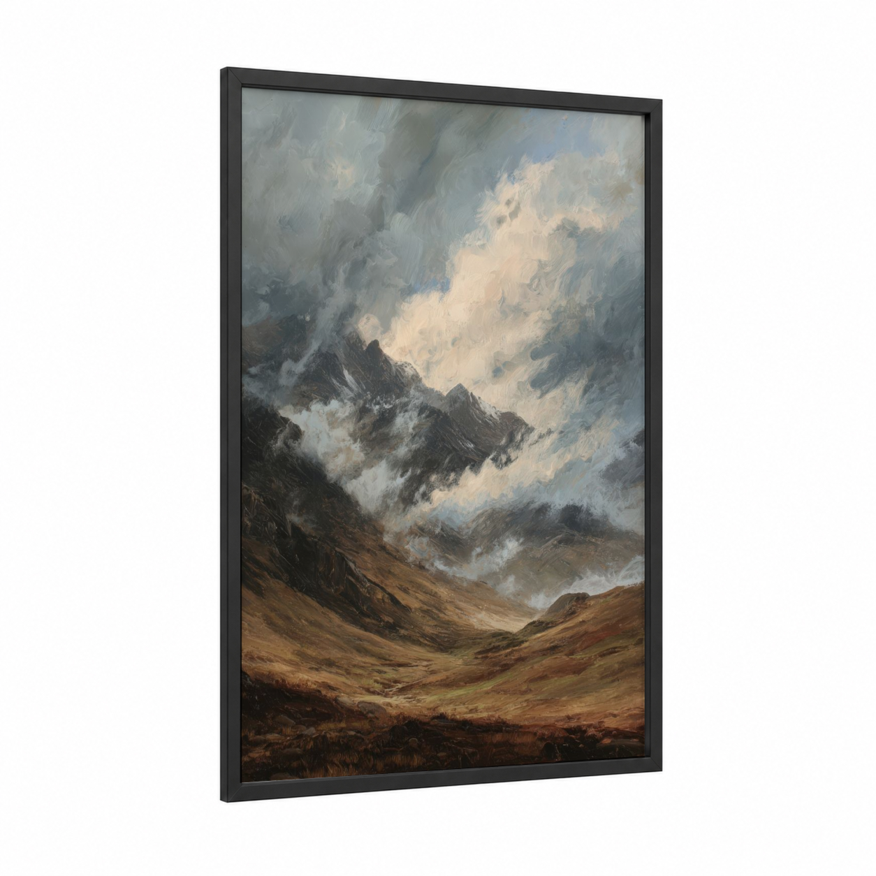 Misty Himalayas framed art print — black wood frame — gray and beige palette
