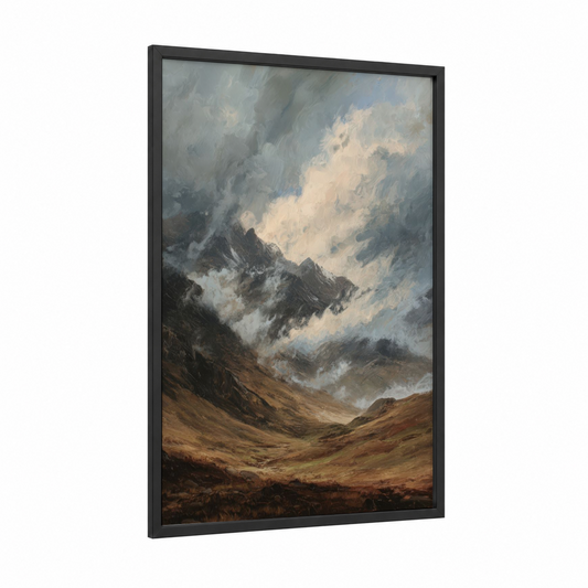 Misty Himalayas framed art print — black wood frame — gray and beige palette