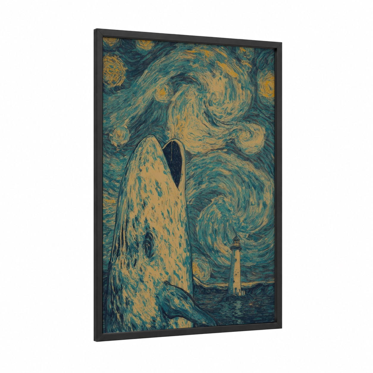Starry Narwhal framed art print — black wood frame — teal and gold palette