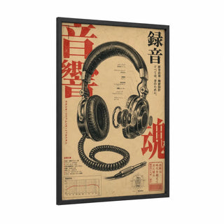 Vintage Japanese Headphones Blueprint Wall Art framed art print — black wood frame — beige and black and red palette