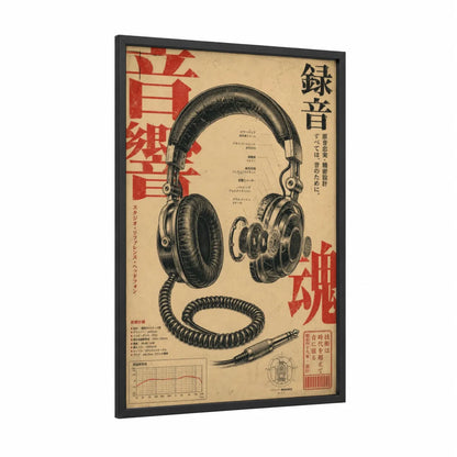 Vintage Japanese Headphones Blueprint Wall Art framed art print — black wood frame — beige and black and red palette