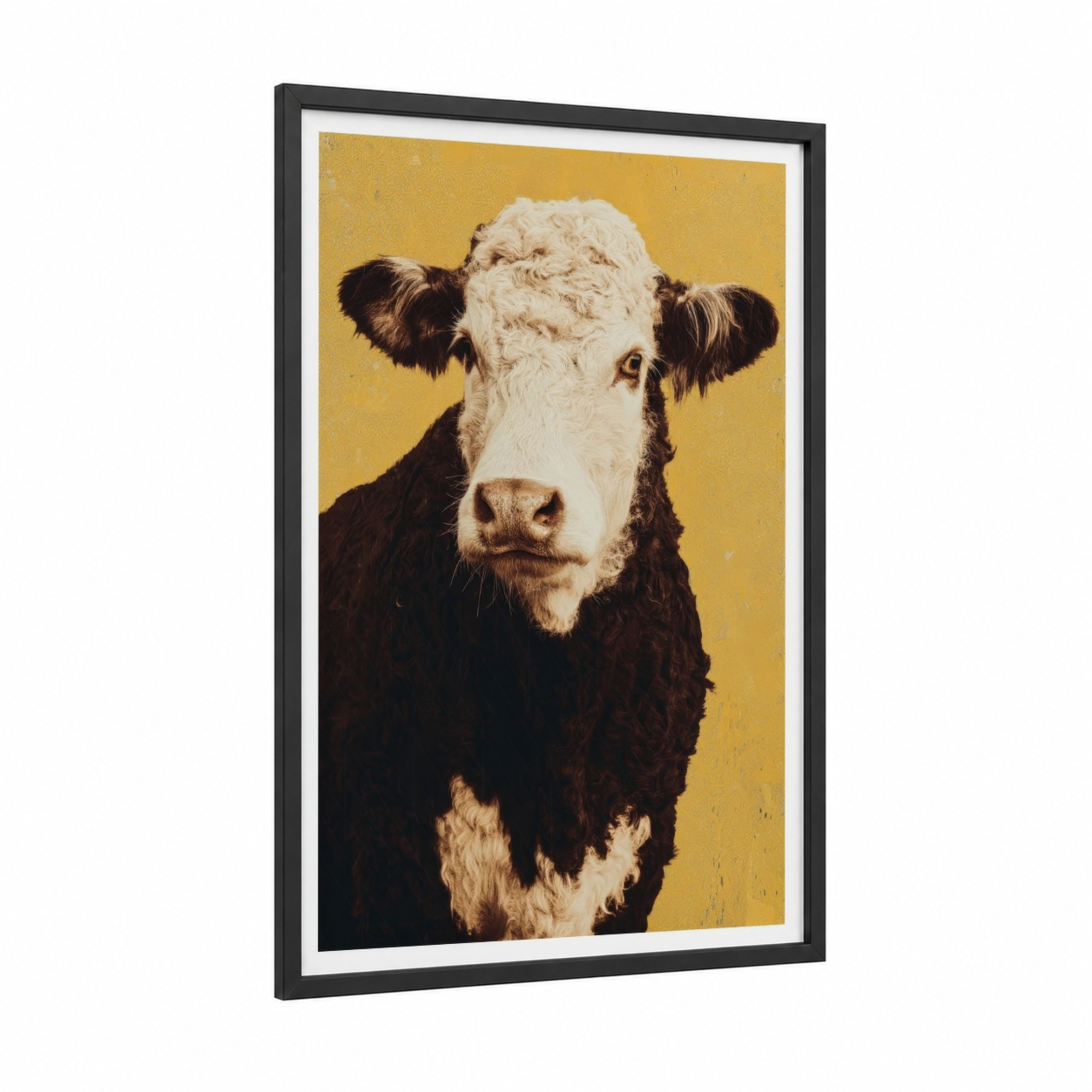Golden Hereford framed hereford cow print — black wood frame — gold and black and white palette
