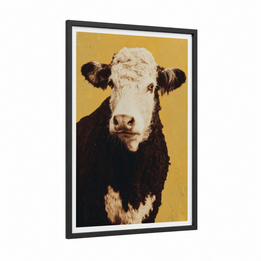 Golden Hereford framed hereford cow print — black wood frame — gold and black and white palette