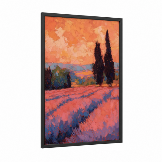 Tuscan Lavender Sunset framed lavender field print — black wood frame — pumpkin and blue palette