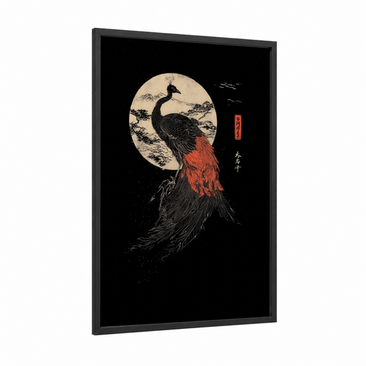Crimson Peacock Moon framed art print — black wood frame — black and gold and red palette