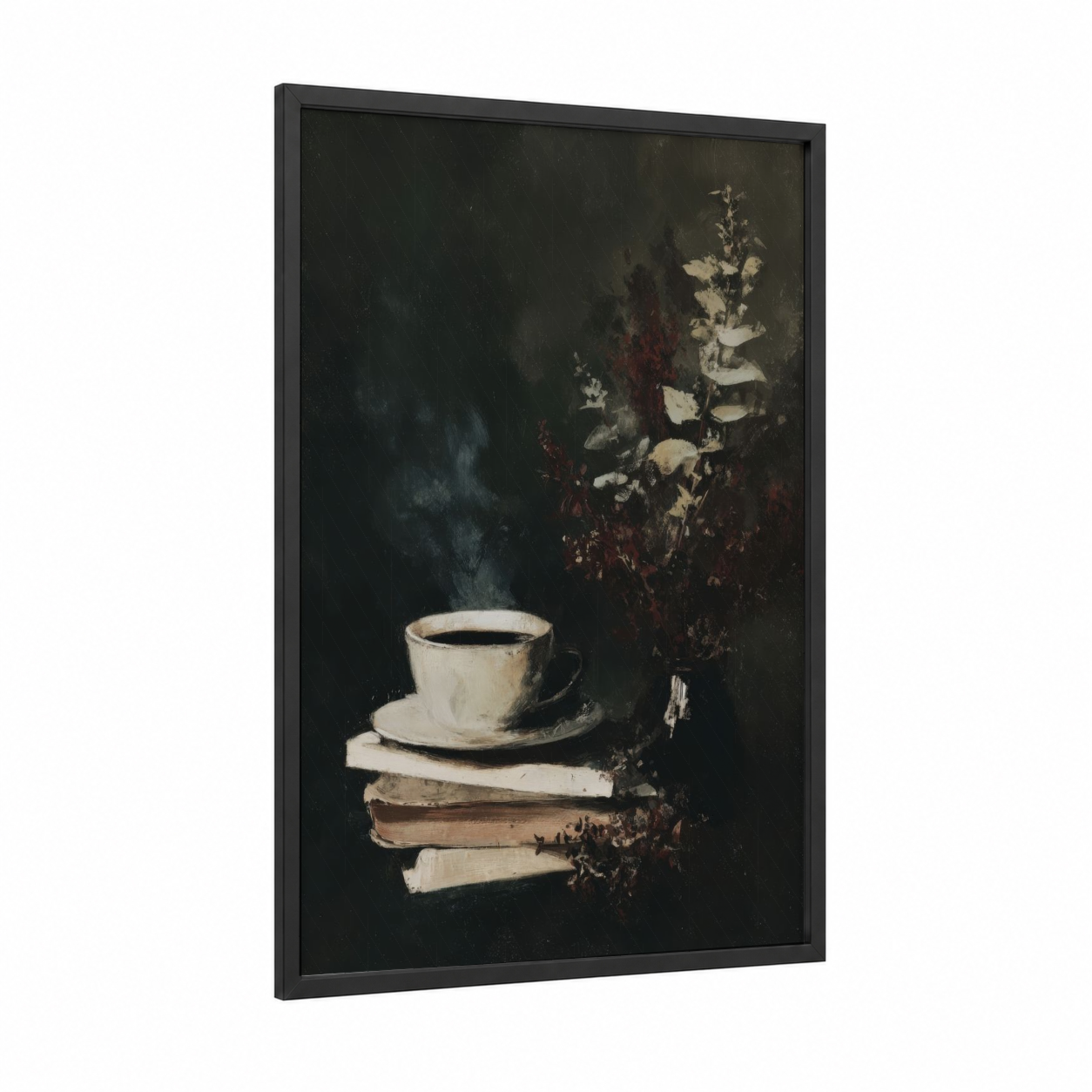 Moody Coffee Study framed art print — black wood frame — black and cream palette