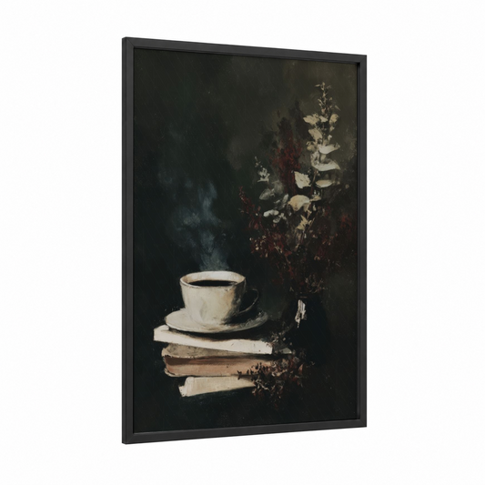 Moody Coffee Study framed art print — black wood frame — black and cream palette