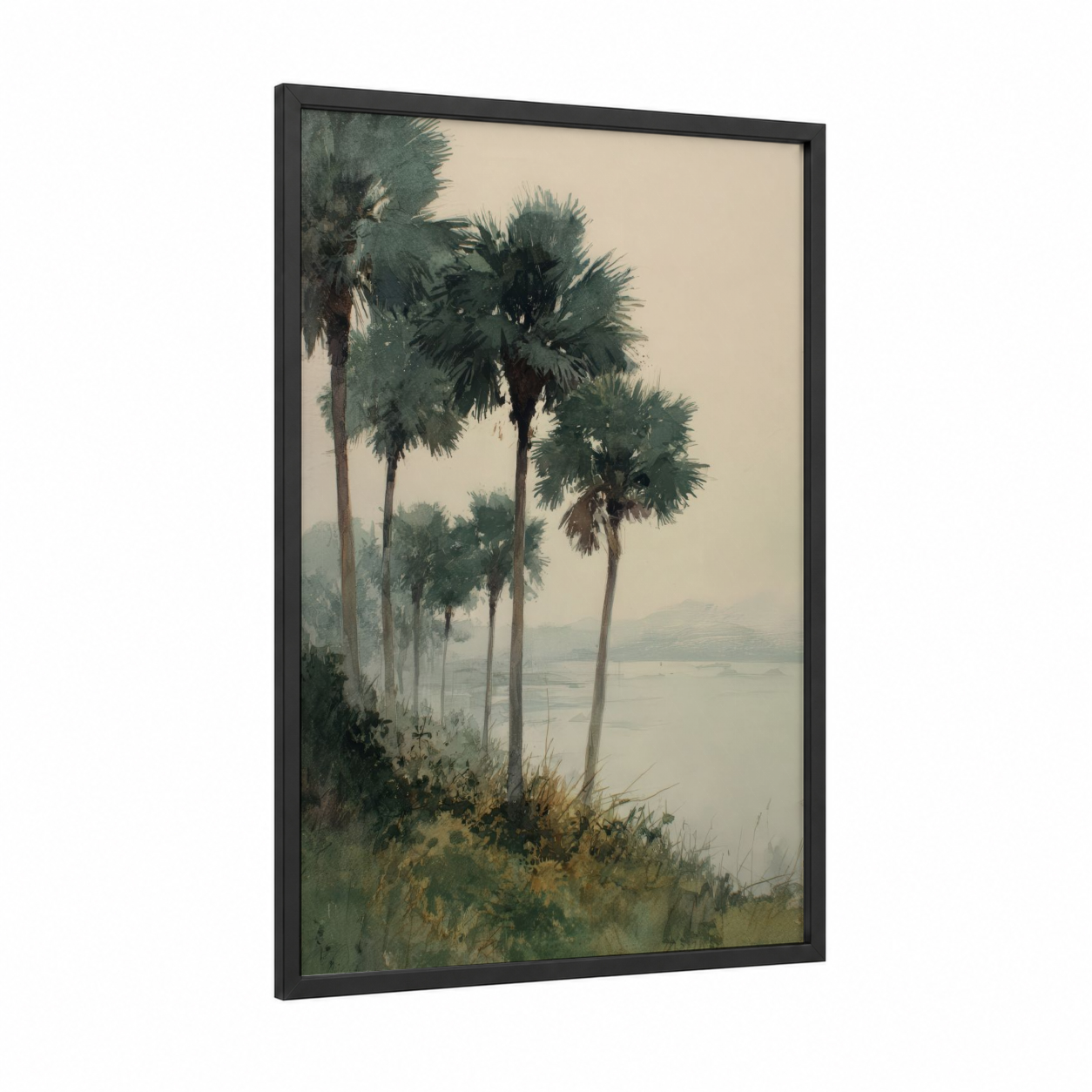 Misty Palm Landscape framed tropical trees print — black wood frame — sage green and cream palette