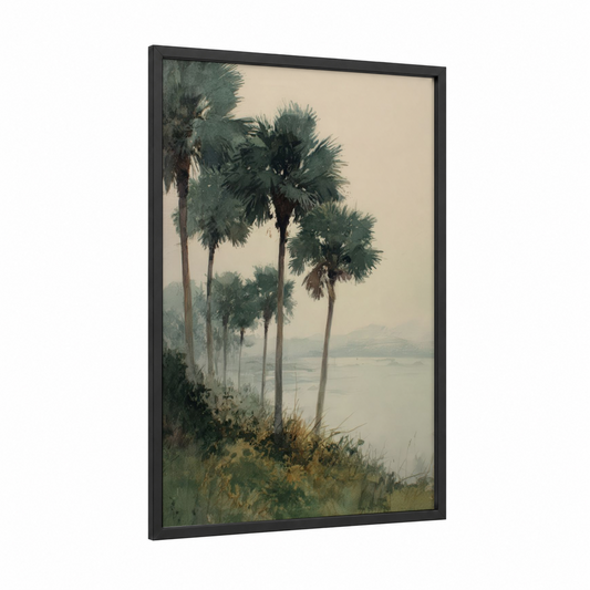 Misty Palm Landscape framed tropical trees print — black wood frame — sage green and cream palette