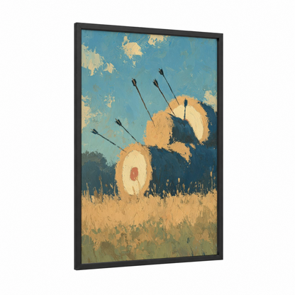 Golden Archery Target framed art print — black wood frame — blue and gold palette