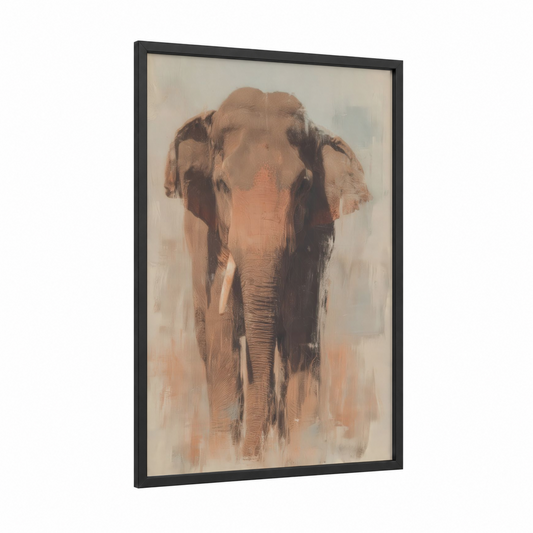 Serene Elephant framed asian elephant print — black wood frame — beige and peach palette