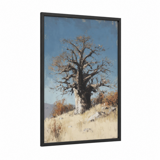 Ancient Baobab framed baobab tree print — black wood frame — blue and gold palette