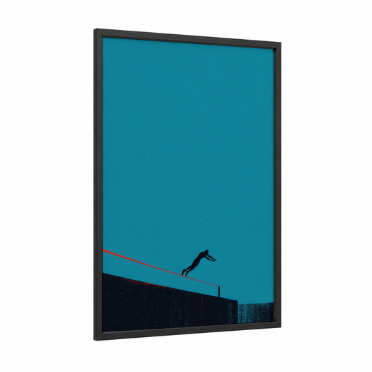 Hurdle Leap framed track and field print — black wood frame — turquoise and black palette