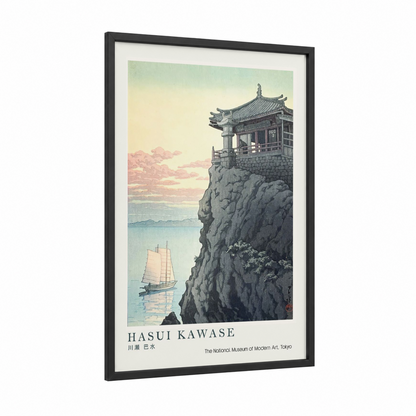 Clifftop Temple Vista framed art print — black wood frame — cream and blue and pink palette