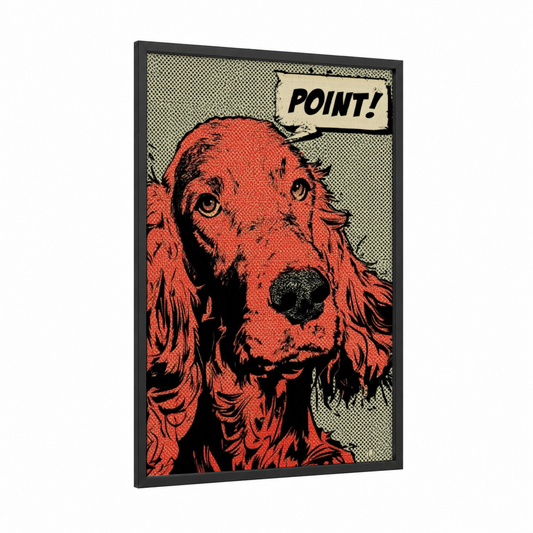 Eager Setter framed art print — black wood frame — red and black and white palette