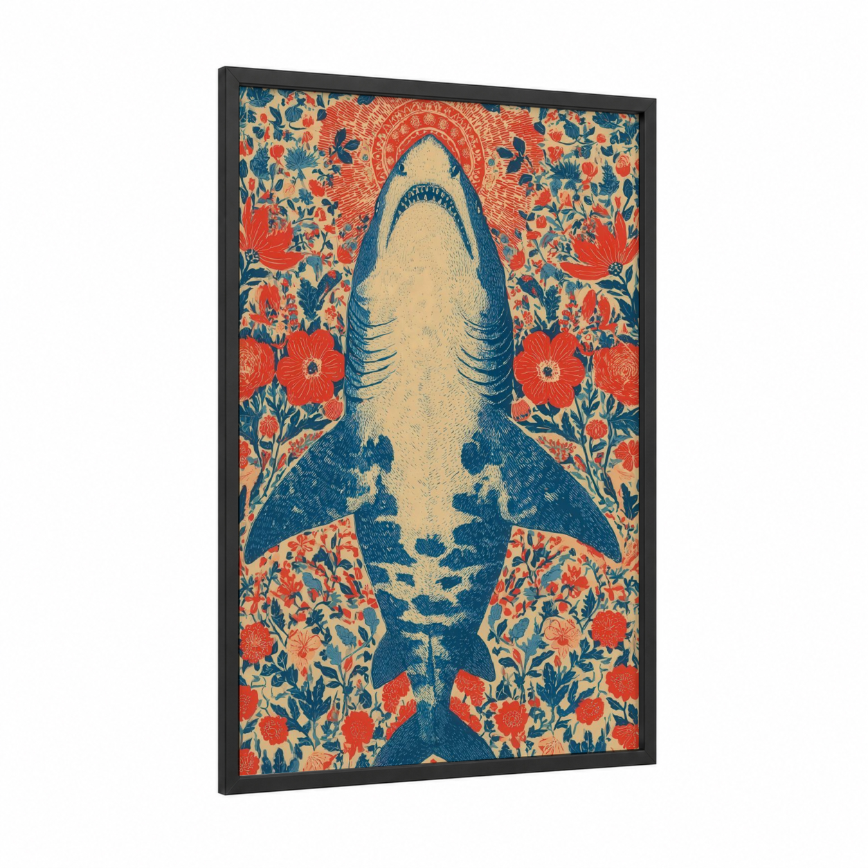 Sacred Basking Shark framed art print — black wood frame — blue and red palette
