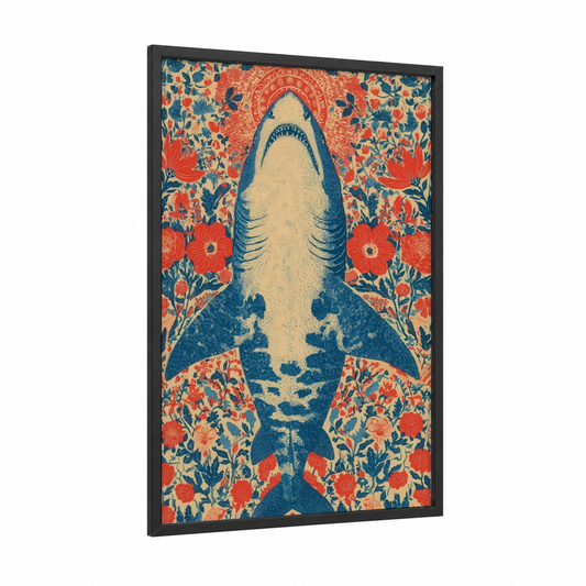 Sacred Basking Shark framed art print — black wood frame — blue and red palette