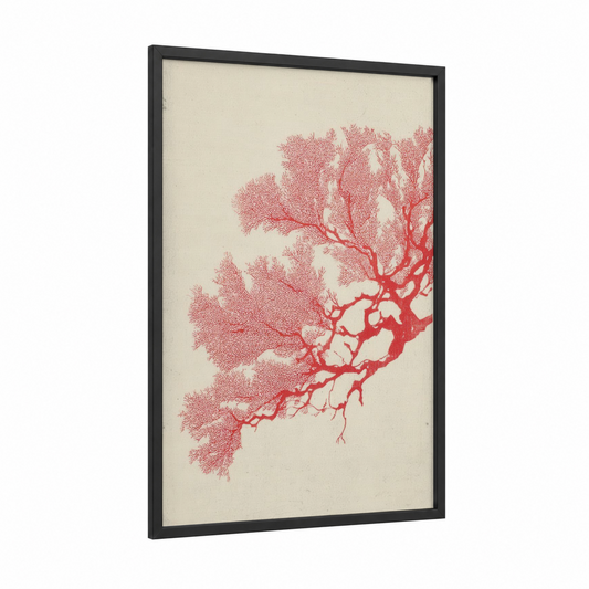 Crimson Coral Branch framed art print — black wood frame — red and cream palette