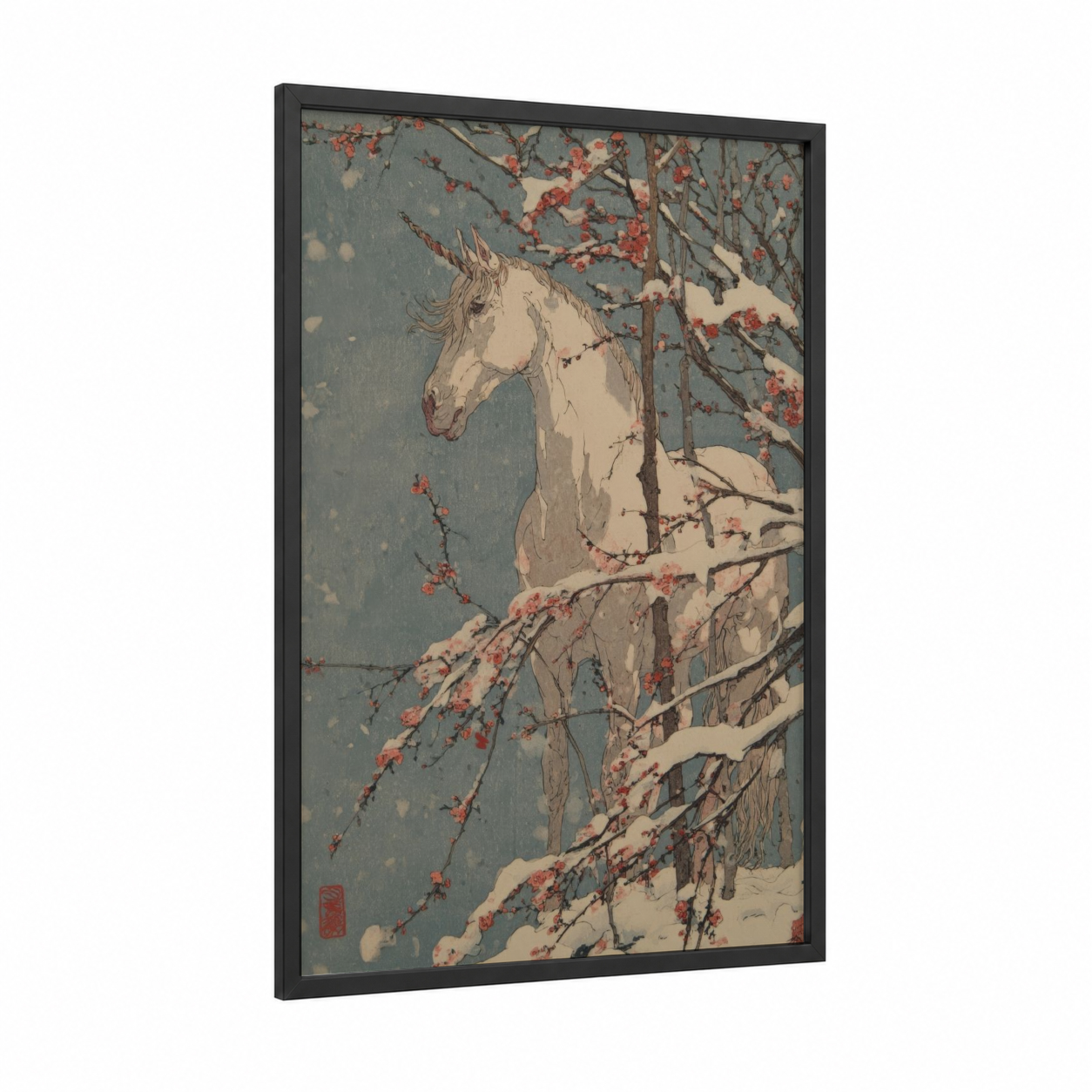 Snowy Unicorn framed unicorns print — black wood frame — dove gray and cream palette