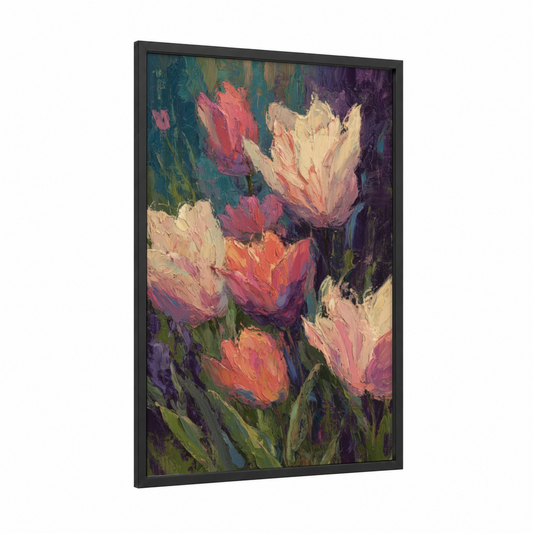 Vibrant Tulip Medley framed art print — black wood frame — teal and pink palette