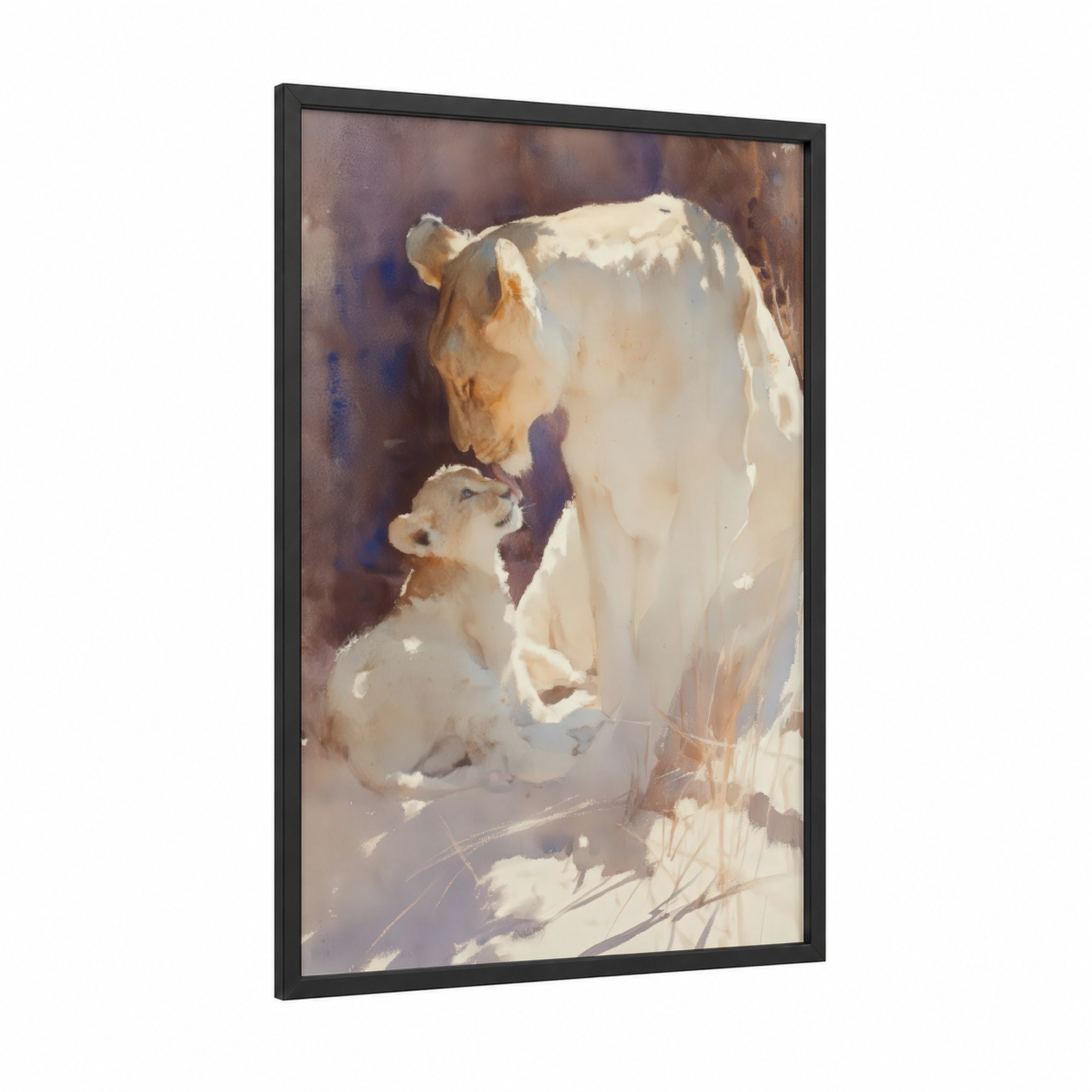 Nurturing Lioness framed art print — black wood frame — cream and gold palette