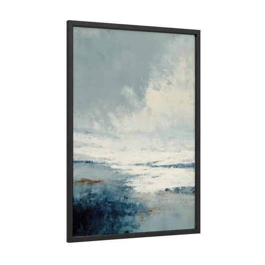 Frozen Horizon framed glacier print — black wood frame — blue and white and gray palette