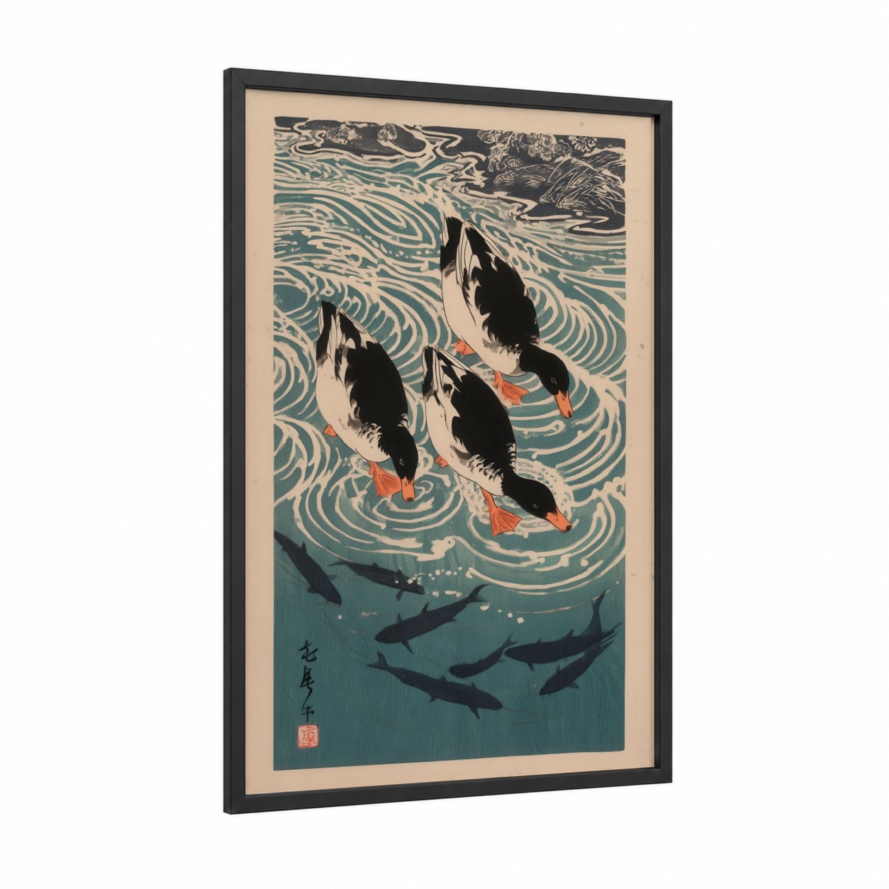 Diving Ducks framed art print — black wood frame — teal and cream palette