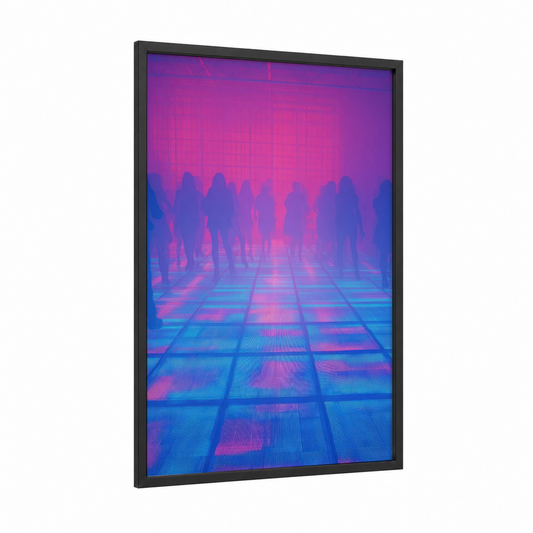 Neon Disco Crowd framed art print — black wood frame — magenta and blue palette