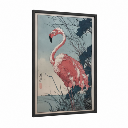 Waterside Flamingo framed art print — black wood frame — pink and blue and gray palette