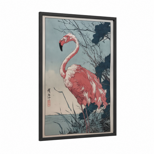 Waterside Flamingo framed art print — black wood frame — pink and blue and gray palette