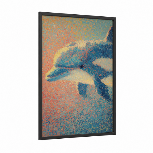Leaping Dolphins framed art print — black wood frame — orange and teal palette