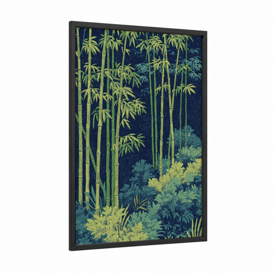 Moonlit Bamboo framed art print — black wood frame — dark blue and light green palette