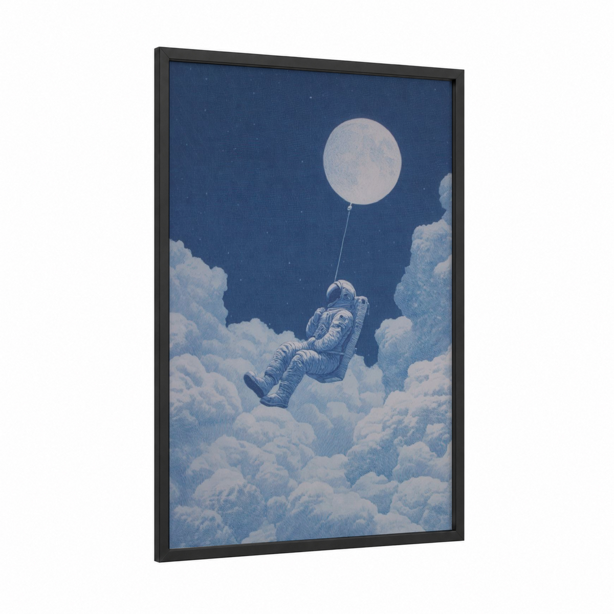 Moonlight Explorer framed art for boy print — black wood frame — blue and white palette
