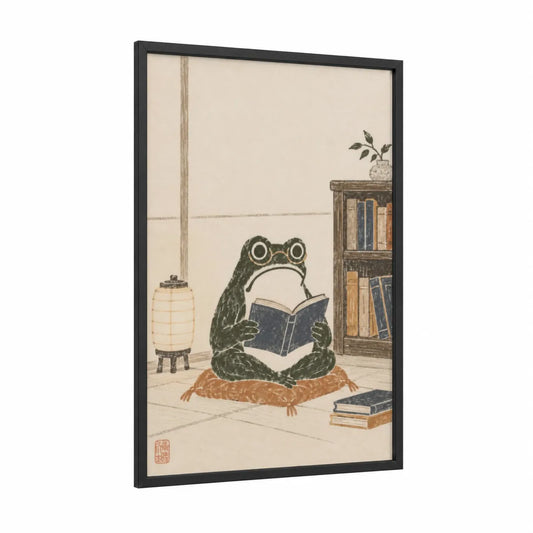 Reading Frog Library Scene Wall Art framed frogs and toads print — black wood frame — beige and dark green palette