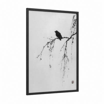 Birch Branch Bird framed birch tree print — black wood frame — black and white and gray palette