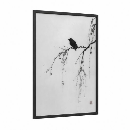 Birch Branch Bird framed birch tree print — black wood frame — black and white and gray palette