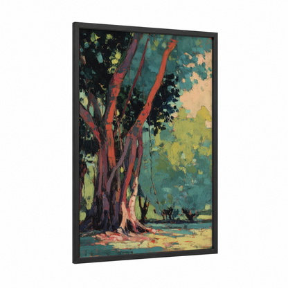 Crimson Banyan framed banyan tree print — black wood frame — teal and red palette