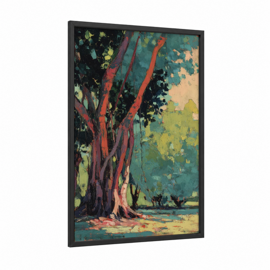 Crimson Banyan framed banyan tree print — black wood frame — teal and red palette