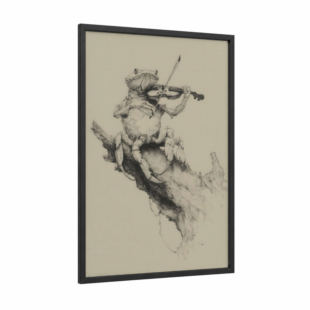 Musician Crab framed art print — black wood frame — black and white and beige palette