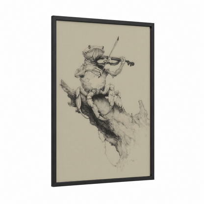 Musician Crab framed art print — black wood frame — black and white and beige palette