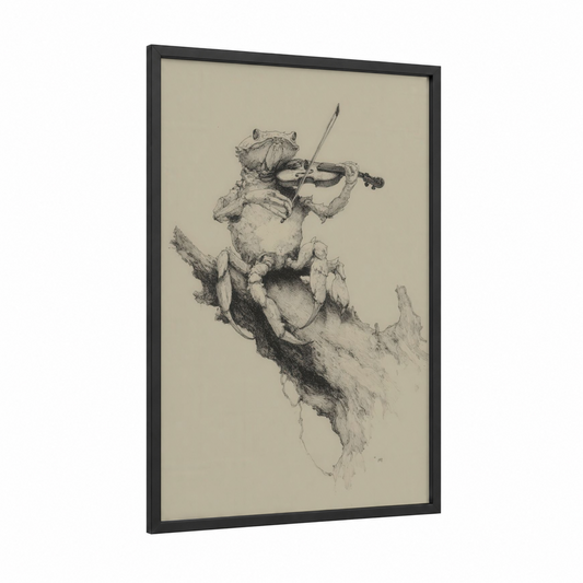 Musician Crab framed art print — black wood frame — black and white and beige palette