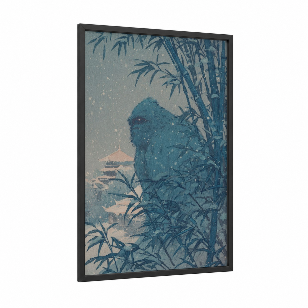 Snowy Yeti framed art print — black wood frame — blue and white palette