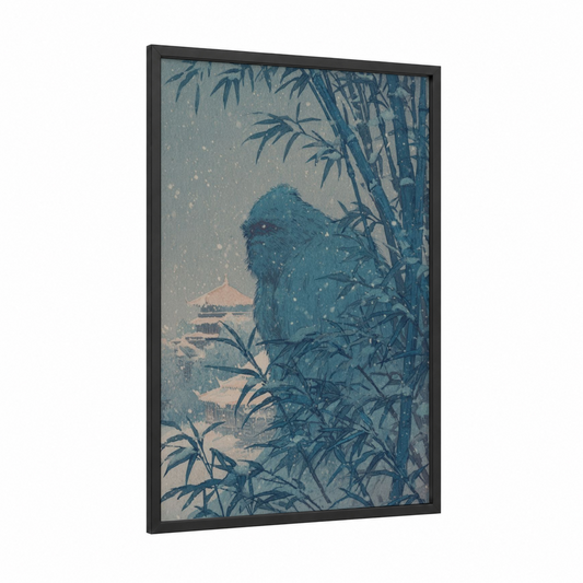 Snowy Yeti framed art print — black wood frame — blue and white palette