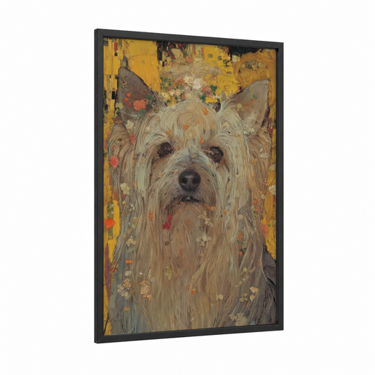 Golden Terrier framed art print — black wood frame — gold and cream palette