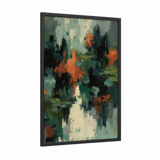 Autumn Cypress Forest framed cypress tree print — black wood frame — dark green and orange palette