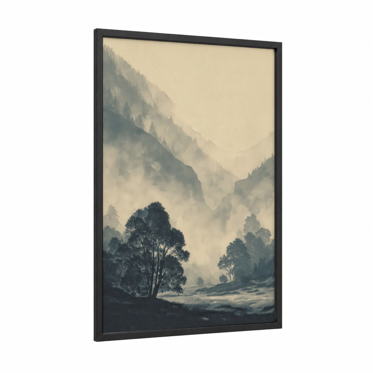 Misty Sierra Valley framed sierra nevada print — black wood frame — cream and dove gray palette