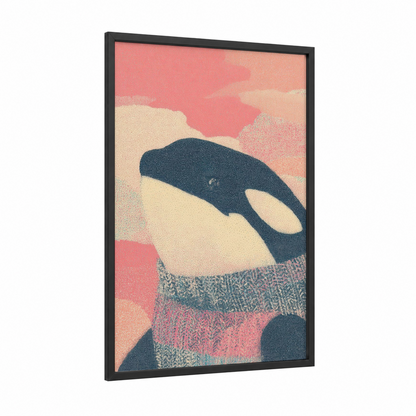 Arctic Orca framed orca whale print — black wood frame — blue and peach palette